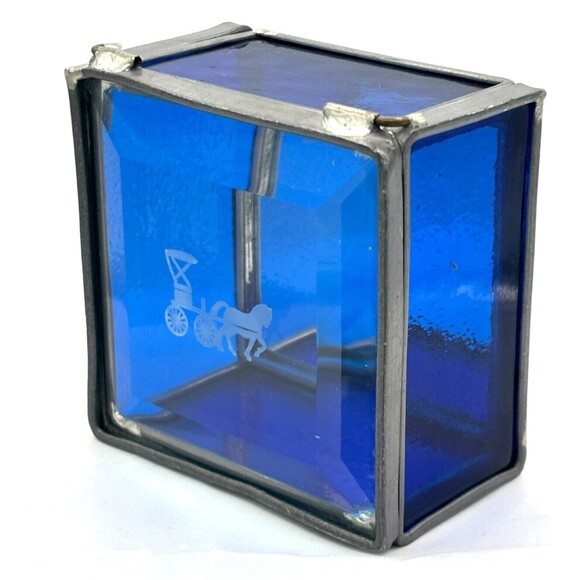 Stained Glass Trinket Box Cobalt Blue Mirrored Bottom Etched Stage Coach Hinged‎ - Picture 14 of 16